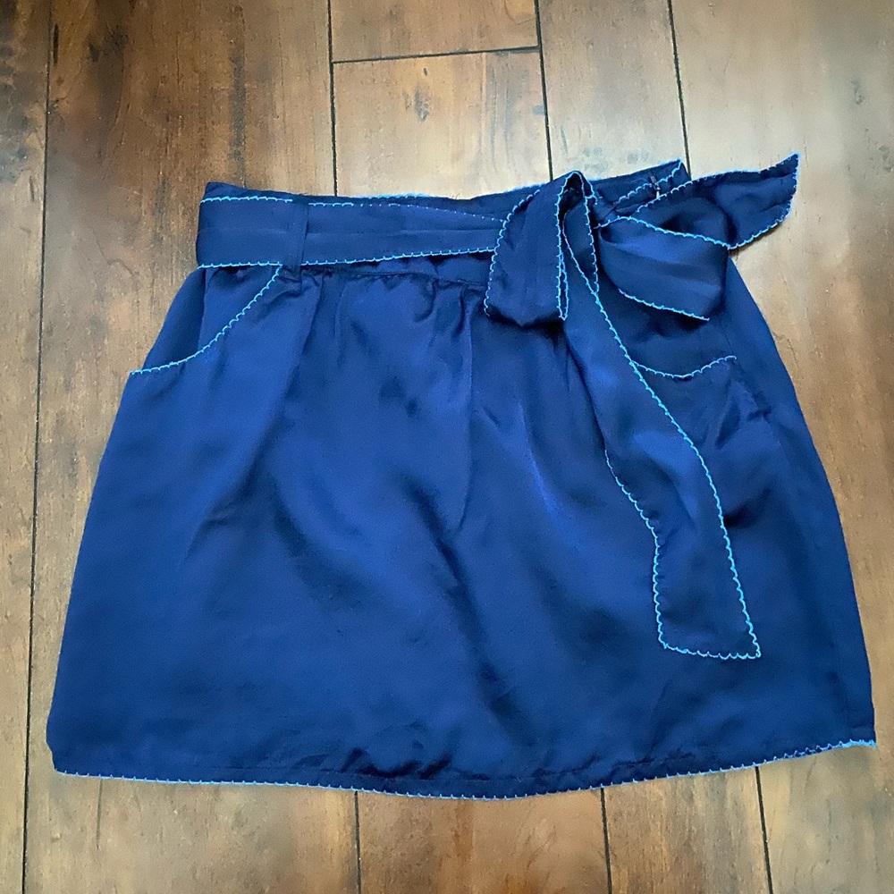 Navy Blue Satin Skirt with Tie and Zipper